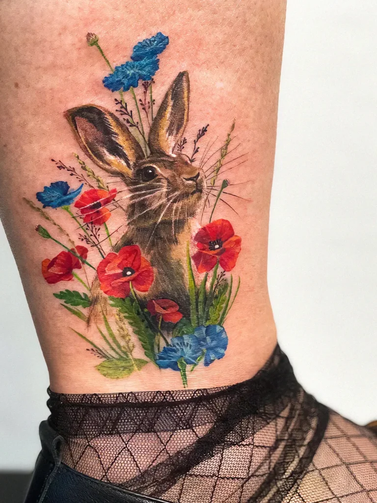 Tatovering med motiv af kanin og blomster.